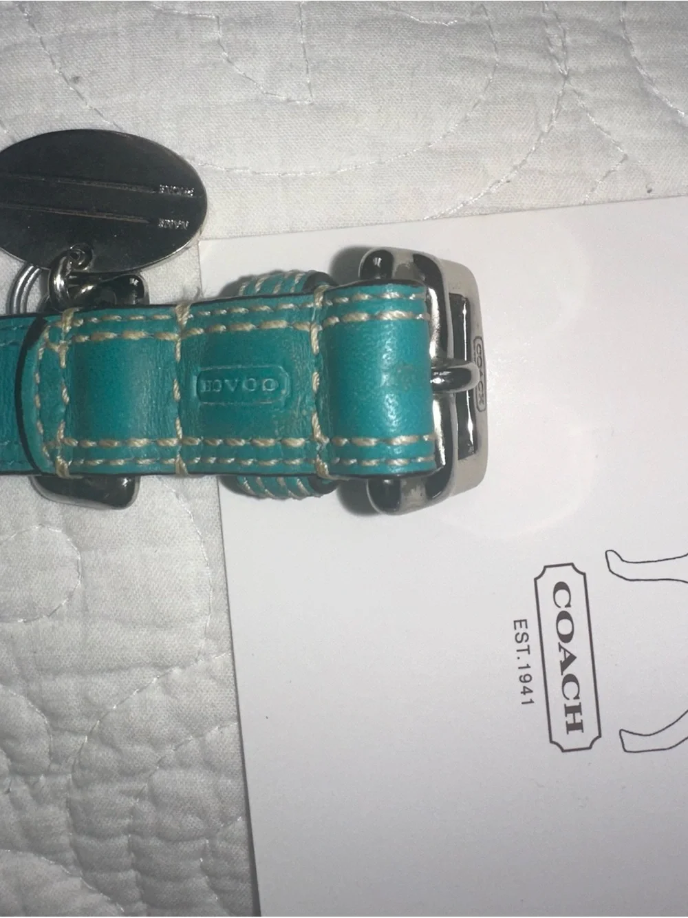 Coach XS Teal Leather Dog Collar with Silver Hardware
